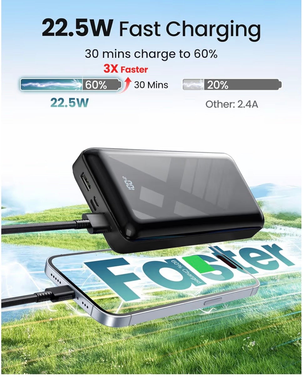Power Bank 27,000mAh Fast Charging 22.5W, QC 4.0 USB C Input & Output PD 20W, Portable Charger Mobile Phone Battery Black Compatible for Smartphone, iPad and more